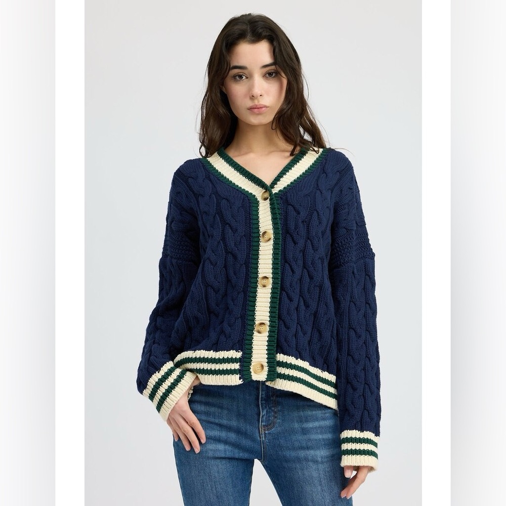 En Saison (Large) Academia Spencer Cable Knit Cardigan Sweater Blue Green White